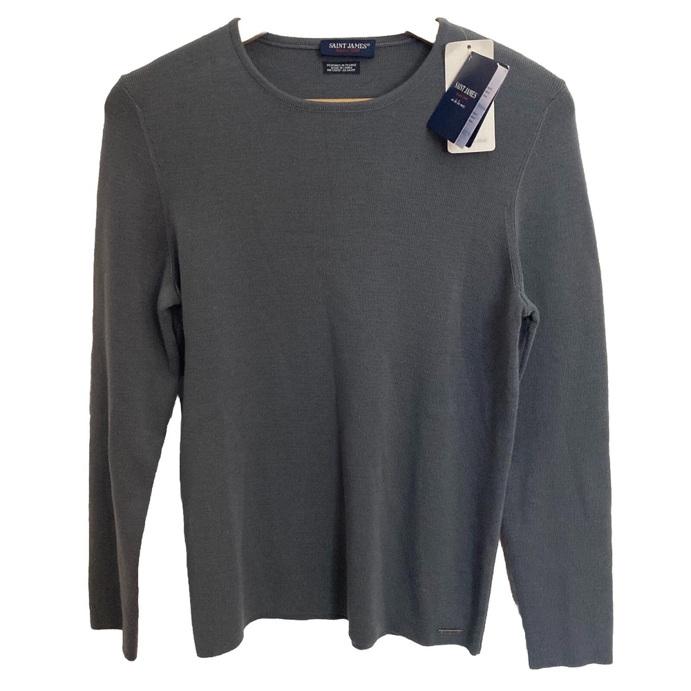 Saint James Merino Wool Crew Neck Sweater Womens 8 40 Blue Gray NWT NEW